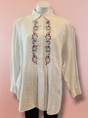 Vintage Lauren 100% Linen Floral Embroidered White L/S Button Shirt/Top Wmn XL